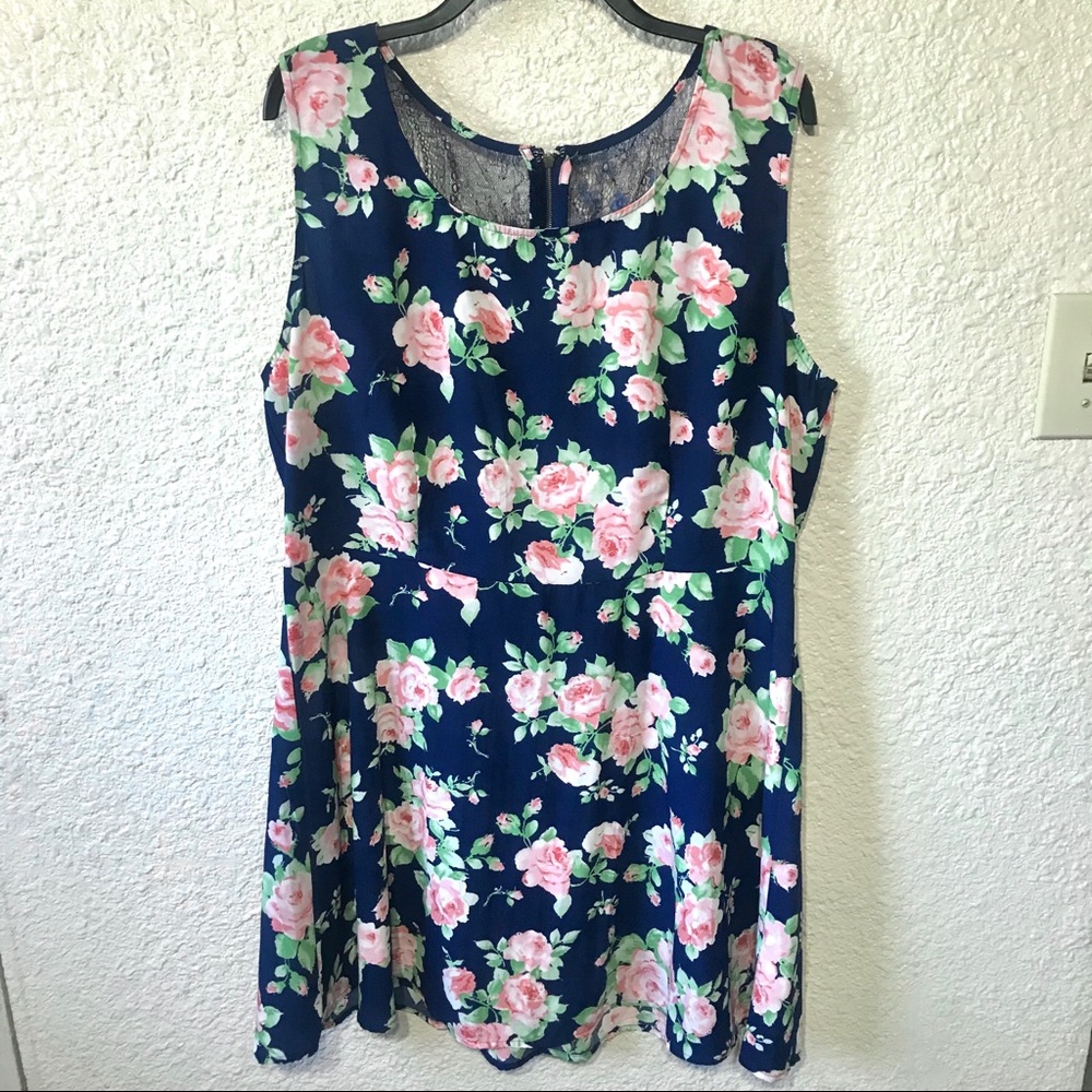 Blue Floral Print Lace Detail Sleeveless Dress XL